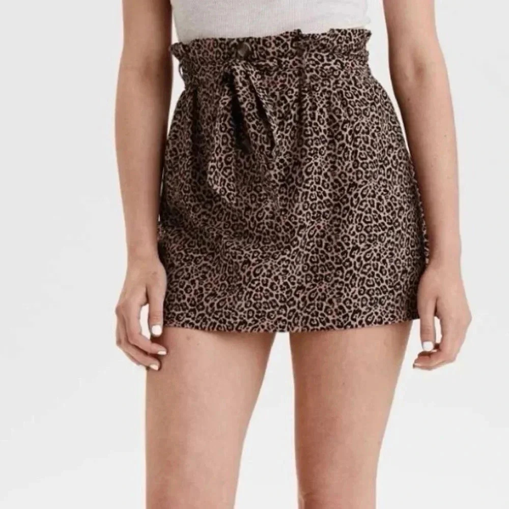 American Eagle Y2K Skirt Buttons Belted Linen Blend Cheetah Pull On Brown Size S
